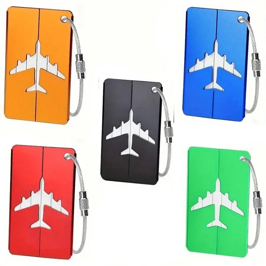 étiquette bagage métallique aluminium rouge bleu noir or violet avion nom cartes identité accessoires voyage anti-perte lot cinq pièces