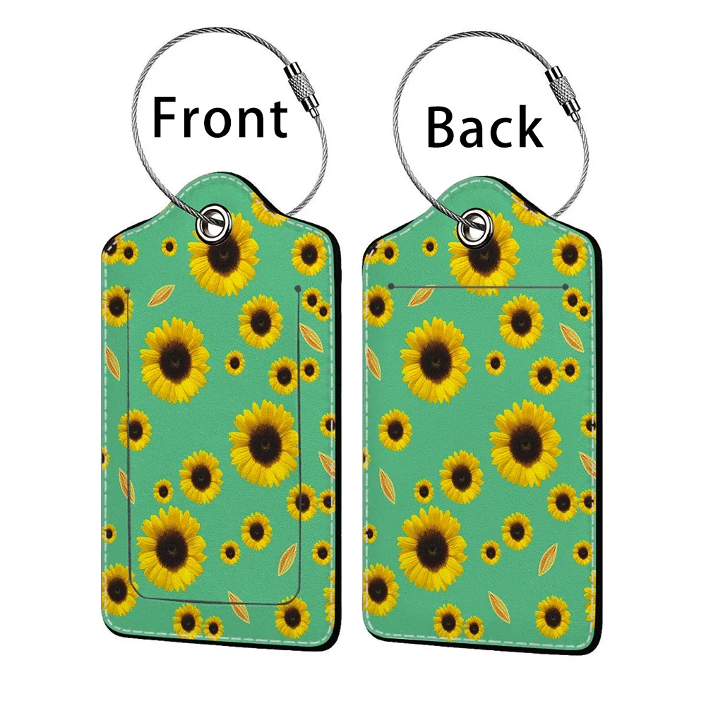étiquette bagage polyuréthane motif tournesols bleu nuit jaune voyage identification personnelle plaques adresses double cartes bancaires
