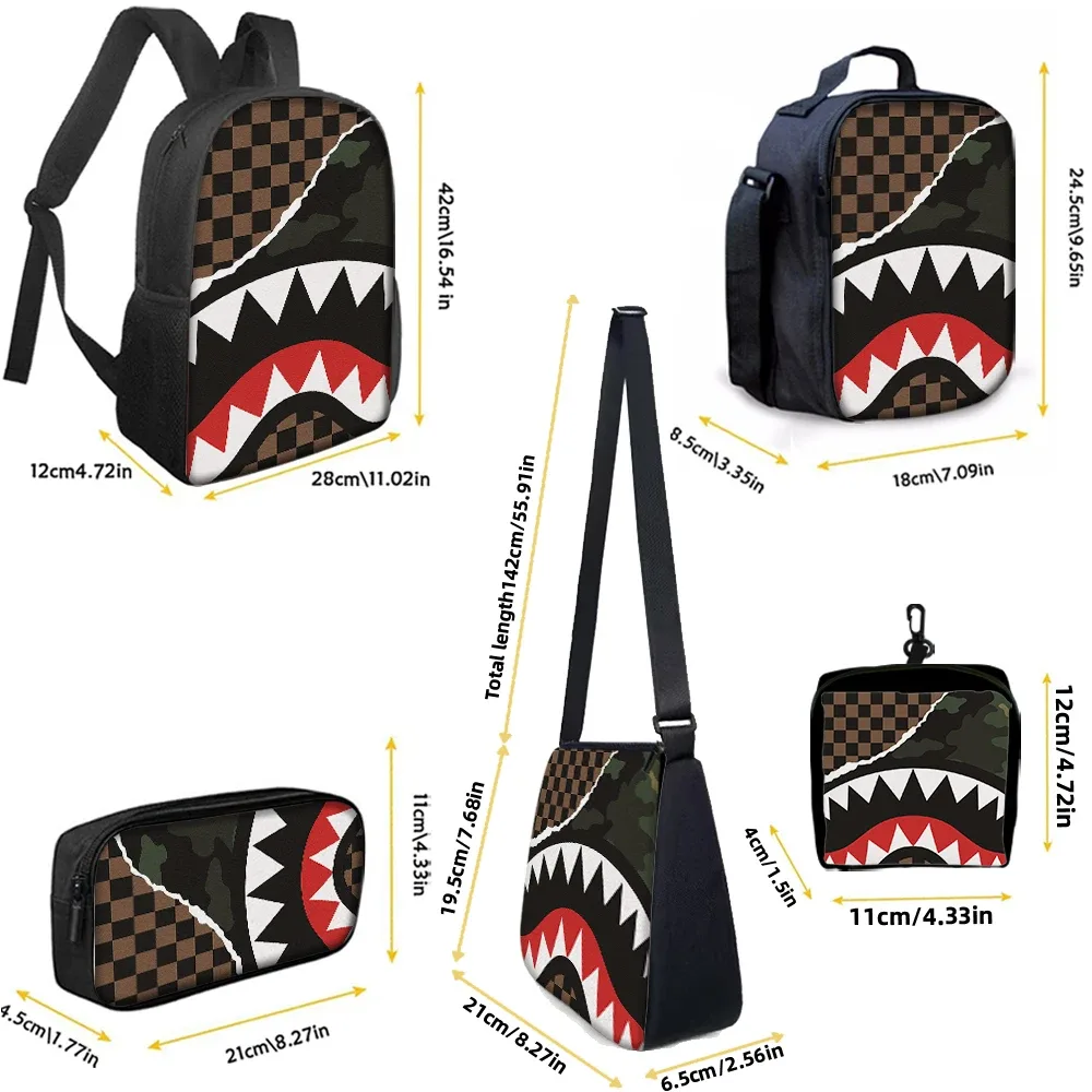sac dos polyester requin dents camouflage carreaux bleu gris beige noir usage quotidien école aventures