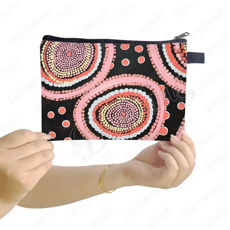 trousse de maquillage à imprimé points aborigènes australiens, sac de rangement pour rouge à lèvres et téléphone, pochette de toilette pour femme, motif culturel indigène