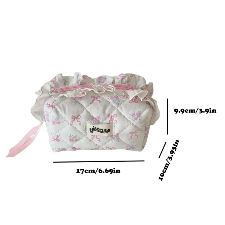trousse de maquillage en coton matelassé avec nœud mignon pour femmes et filles, organisateur de cosmétiques portable à fermeture éclair, sac à main en tissu, trousse de toilette