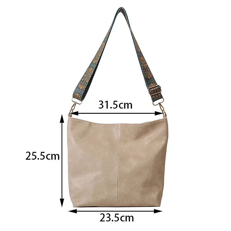 sac à bandoulière en cuir pu pour femmes, vintage, couleur unie, mode, grande capacité, simple, réglable, large sangle, sacs seau