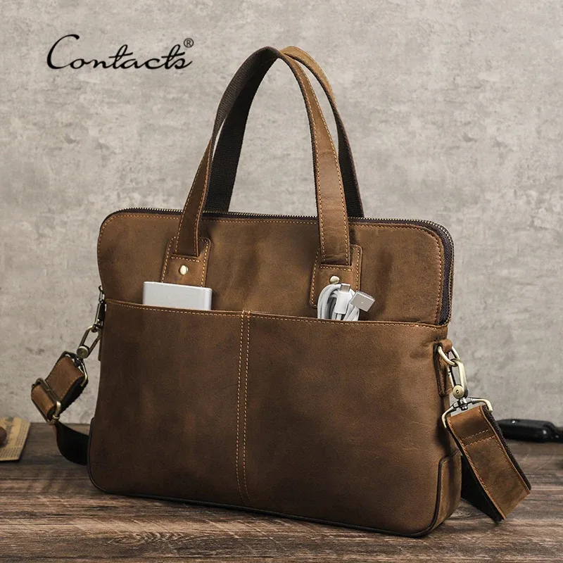 Porte Documents Cuir Vache Crazy Horse Leather Polyester Fermeture Éclair Bande Lièrre MacBook 13 16 Pouces Voyage