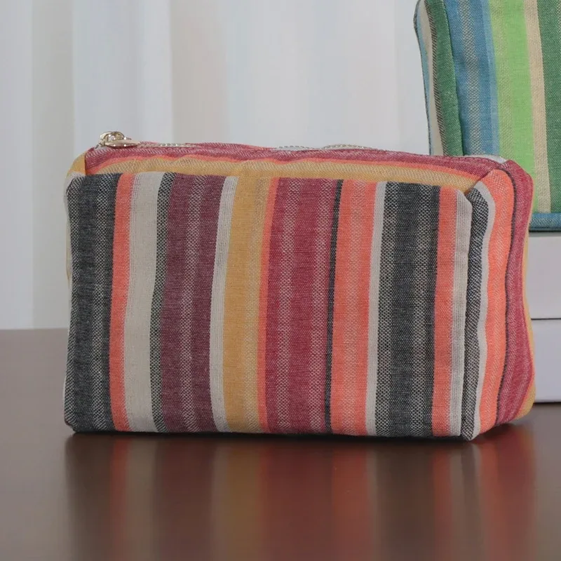 sac de maquillage rayé en toile pour femmes, pochette à cosmétiques décontractée, organisateur de voyage, grand rangement pour les vacances, usage quotidien, léger et durable