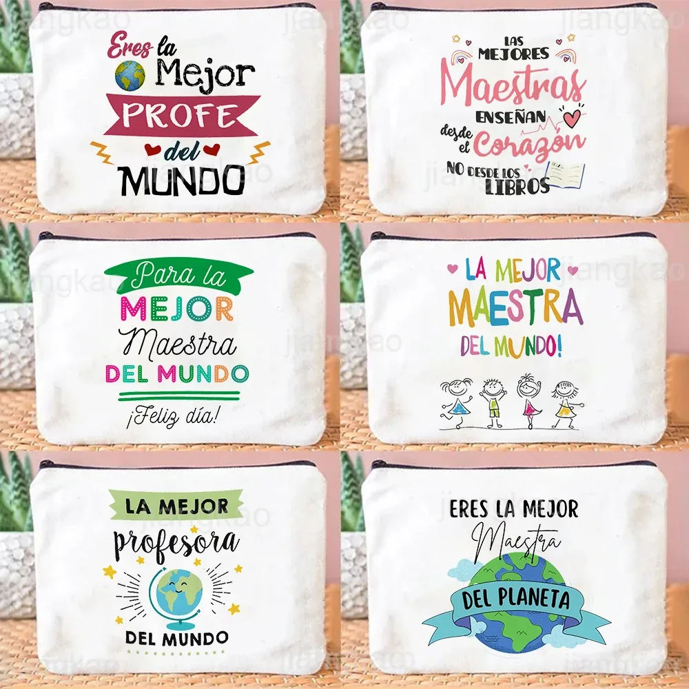 Meilleur professeur du monde sac de maquillage imprimé espagnol nécessaire de voyage pochette de rangement d'articles de toilette sacs à crayons cadeau de diplômé pour enseignant