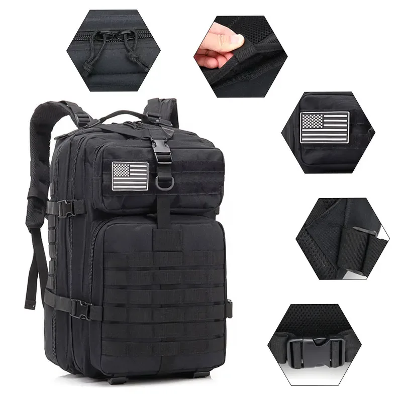 sac dos polyester noir bandes horizontales poche latérale patch américain survie plein air trekkings capacité 36 55 litres