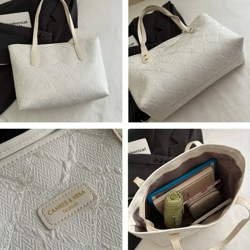sac fourre-tout minimaliste pour femme, sac à main grande capacité en dentelle élégante avec bandoulière en cuir, sac décontracté à porter sous le bras, idéal pour les trajets quotidiens