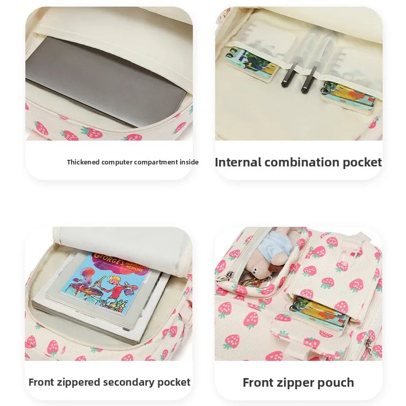 sac à dos scolaire en velours côtelé 3 pièces/ensemble avec sac à déjeuner et trousse à crayons, sac à dos mignon pour filles, sac à dos à motif fraise pour adolescentes et femmes