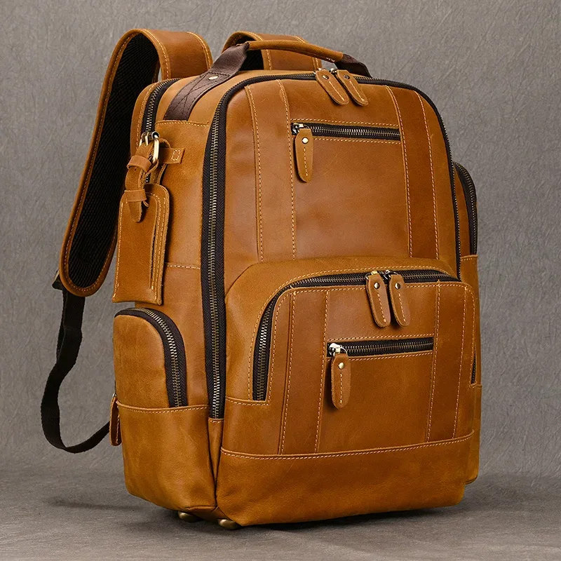 sac à dos de voyage en cuir véritable pour hommes, sac à dos de grande capacité, sacs à dos pour ordinateur portable masculin, mode de luxe, 15.6