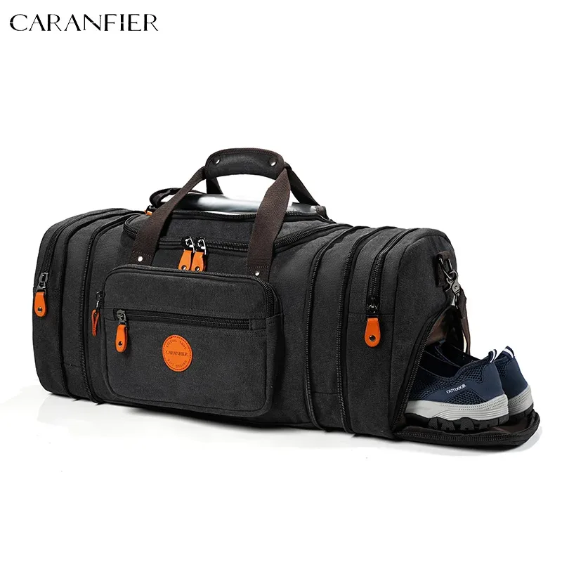 sac voyage toile gris poignée noire fermetures glissière orange intérieur marron compartiments extensibles polyvalents week end sport