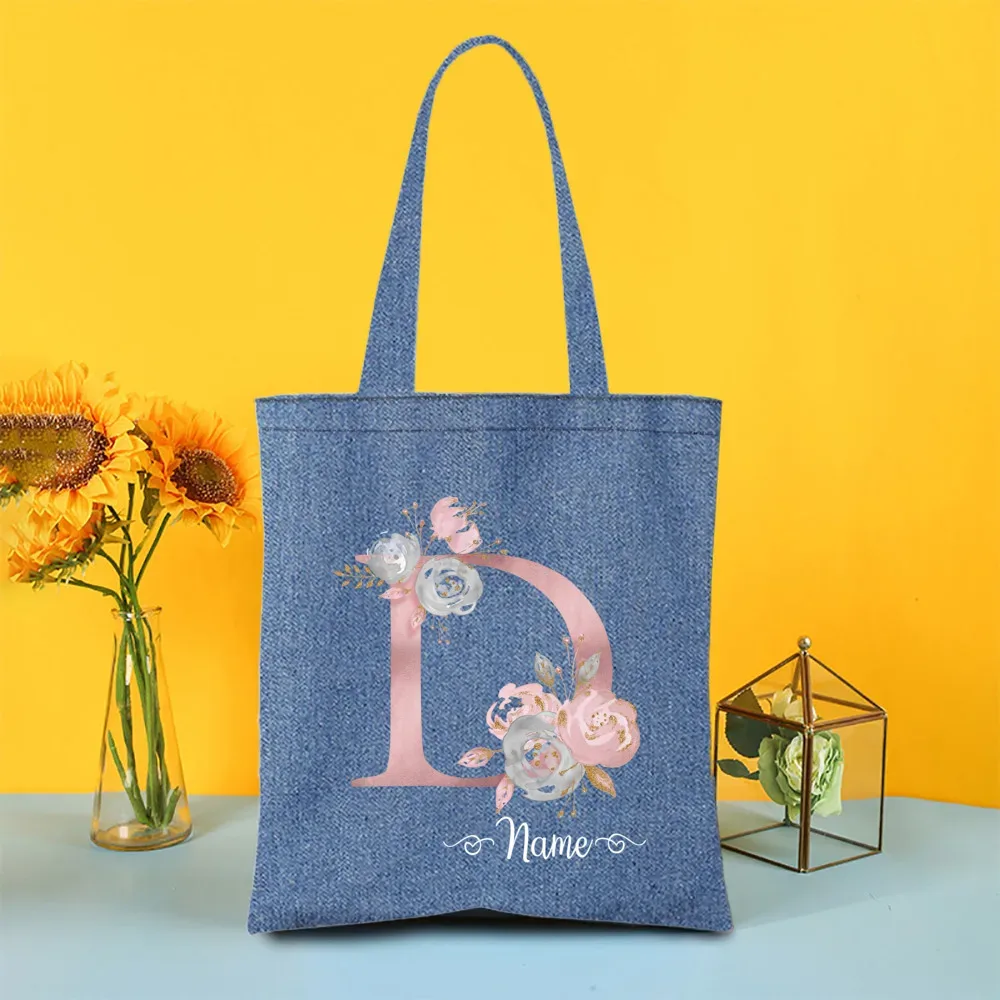 sac fourre-tout en denim personnalisé avec lettre avec nom, sac à main pour mariage, enterrement de vie de jeune fille, sacs de demoiselle d'honneur, sac à bandoulière de voyage, cadeau pour elle