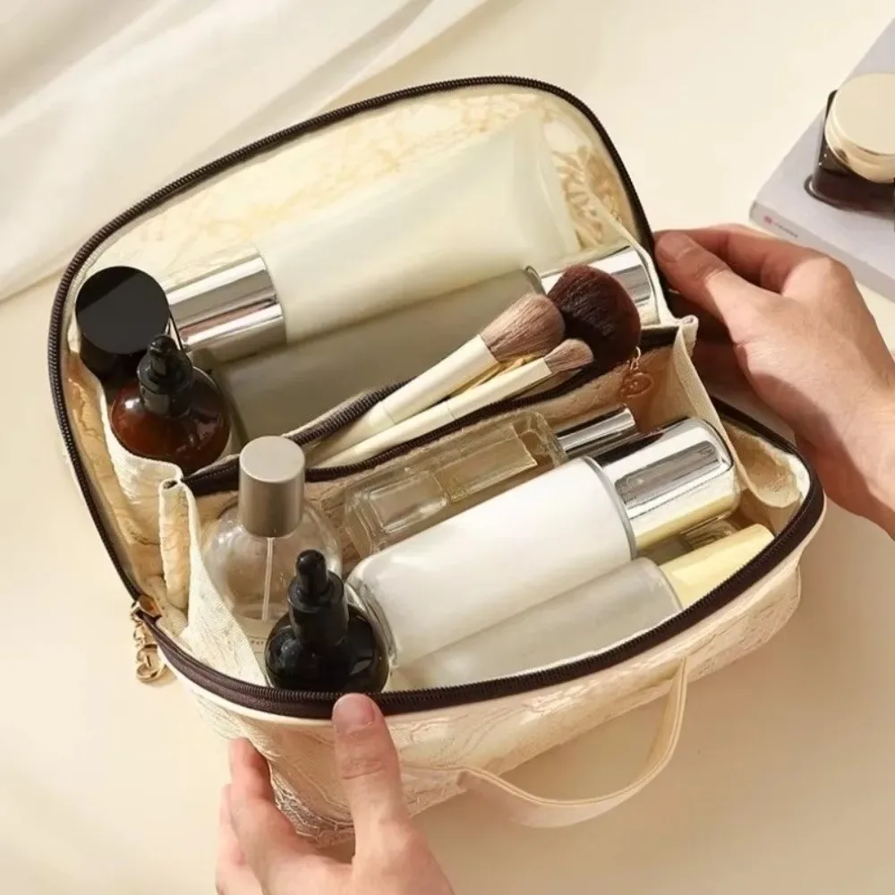 trousse de maquillage élégante en dentelle couleur unie grande capacité avec poignée sac de rangement cosmétique respirant trousse de toilette florale plage