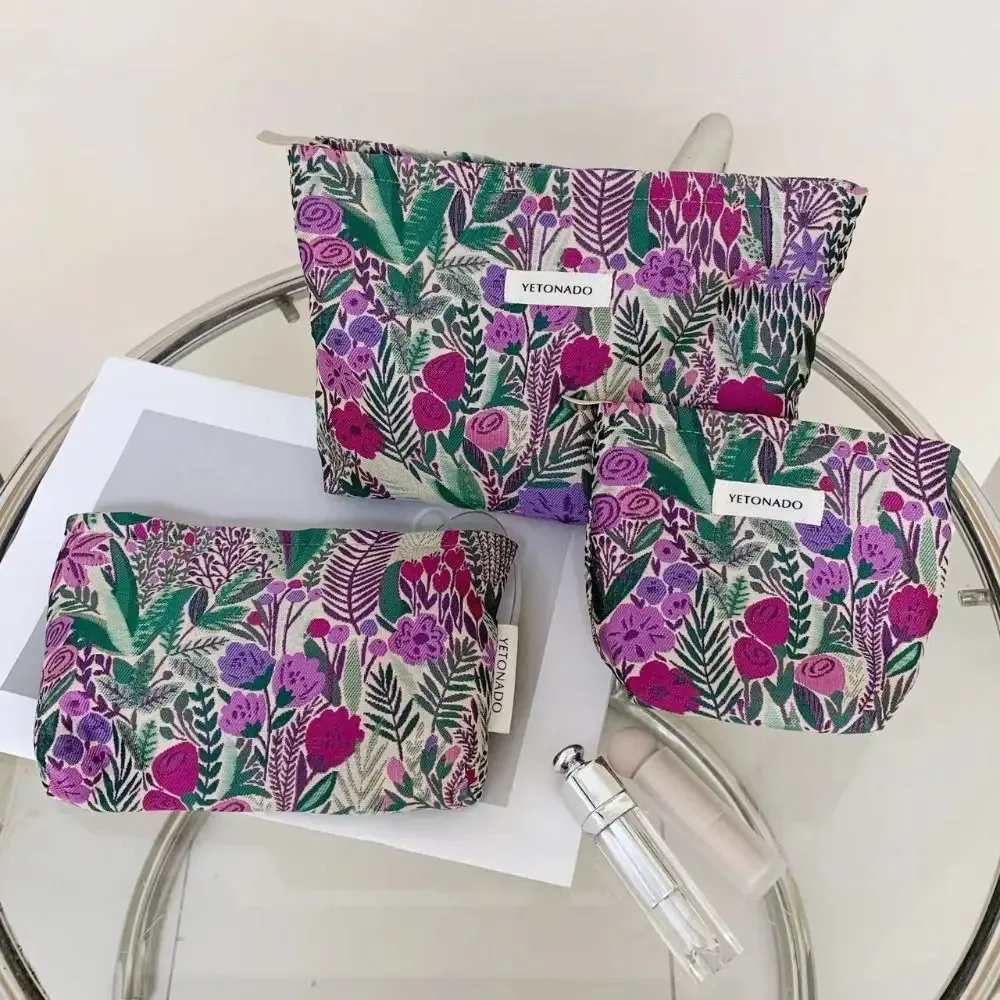 Pochette en toile de polyester à motif floral, fermeture éclair, pochette de rangement cosmétique portable grande capacité