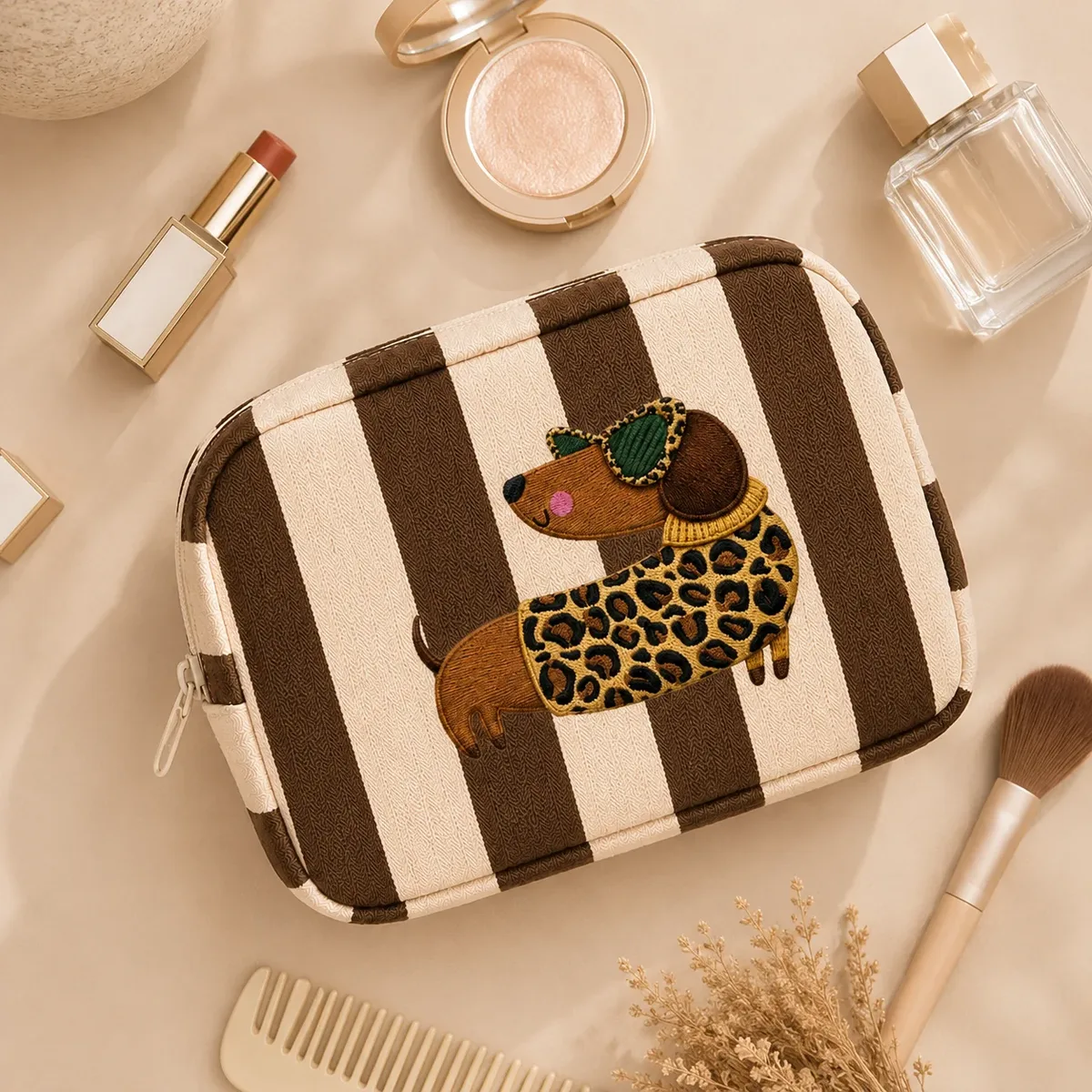 trousse de maquillage marron à rayures teckel grande capacité organisateur de toilette pour femmes voyage essentiels beauté quotidienne