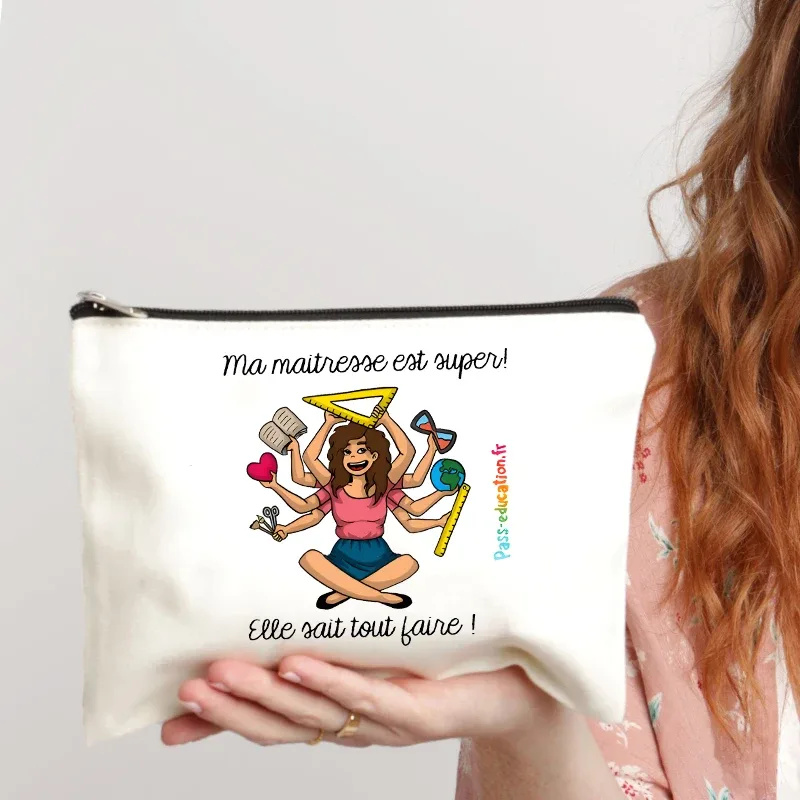 trousse de maquillage pour femmes avec appréciation des enseignants français, trousse à cosmétiques au design artistique, trousse à crayons pour femmes