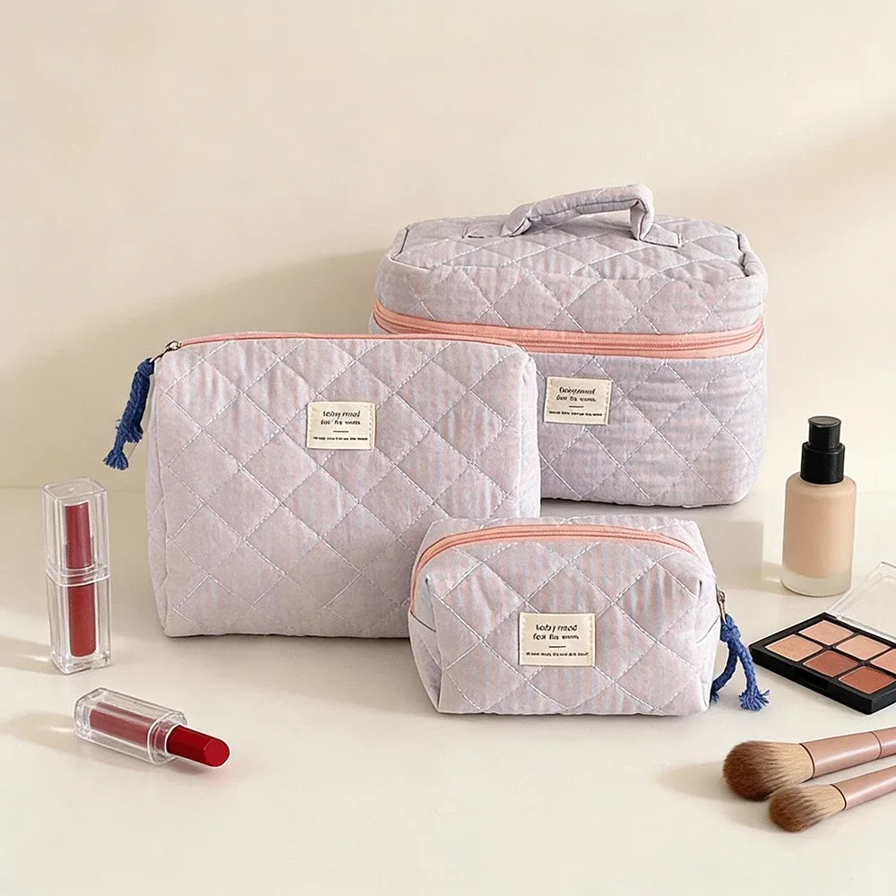 trousse polyester décontractée plaid violet rose orange bleu beige noir géométrique voyage cosmétique toile douce