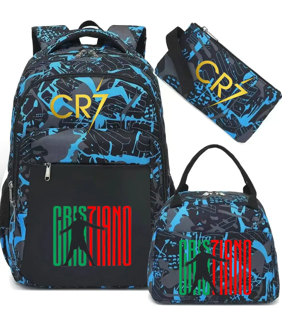 sac polyestere noir motif graphique sac dos pochette lunch cr7 cristiano voyage école adolescents femmes hommes