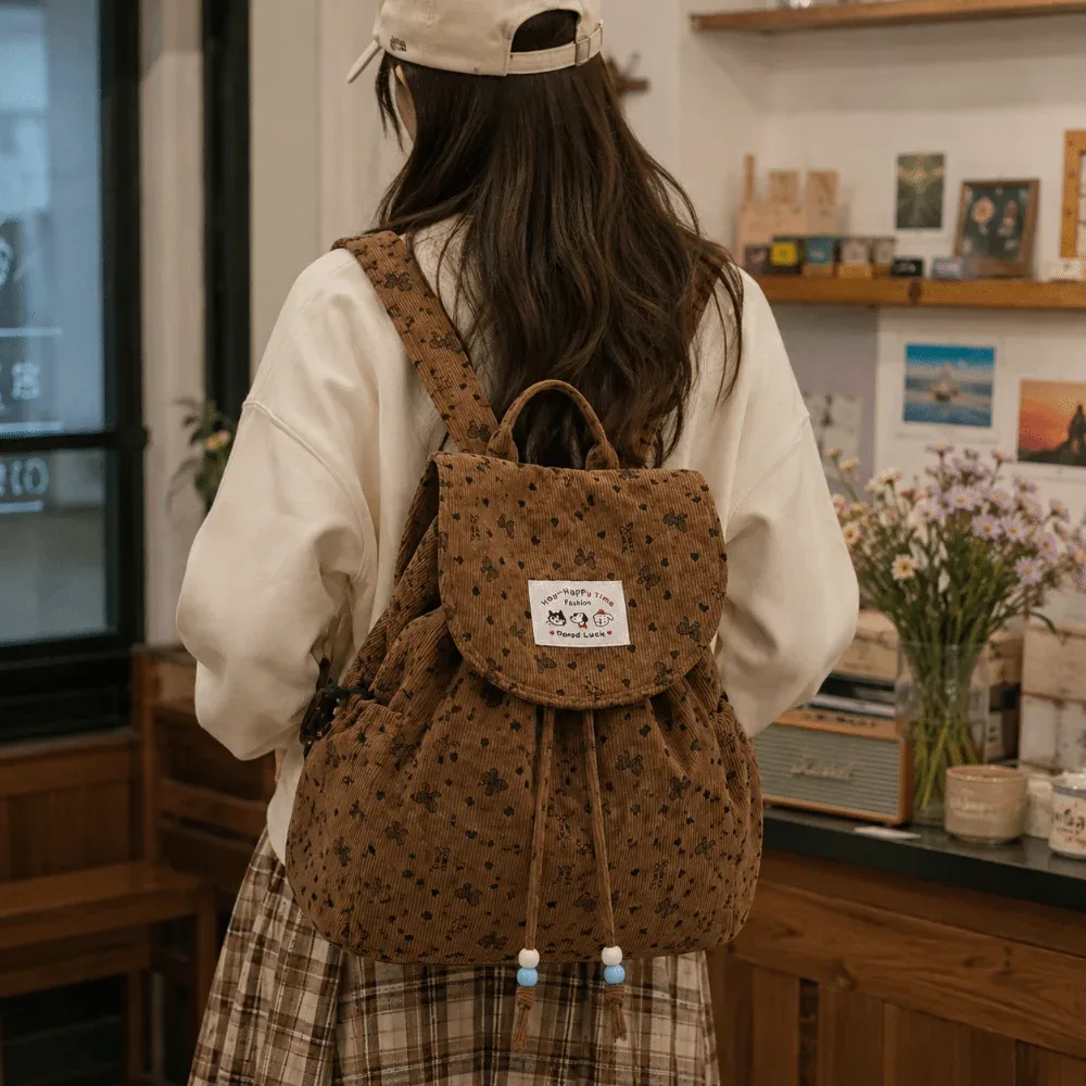 sac à dos élégant et léger en velours côtelé à imprimé nœud, grande capacité, avec cordon de serrage, polyvalent, design simple, pour femme