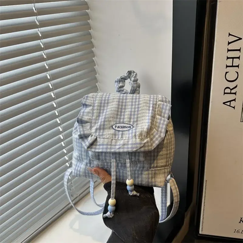 sac à nœud de grande capacité, sac à dos fonctionnel en toile à carreaux en dentelle de style coréen pour les voyages et les livres