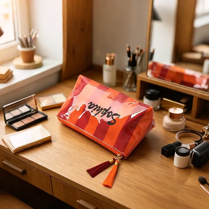 personnalisation de broderie / version standard, deux options, pochette rayée, trousse de maquillage exquise à fermeture éclair avec pompon, saison de rentrée scolaire, cadeau idéal