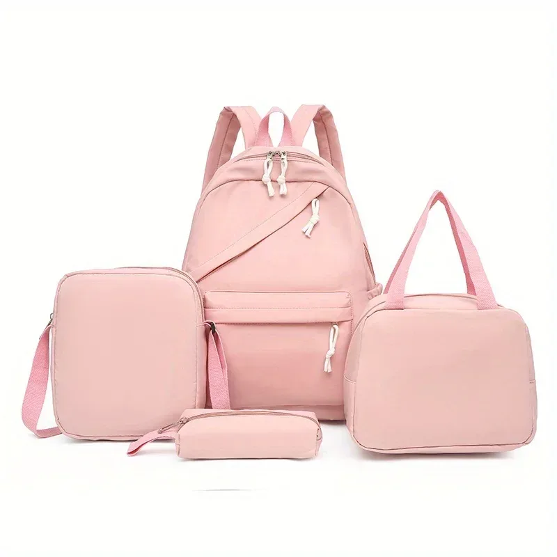 mode décontractée 4 pièces ensemble retour à l'école grande capacité en nylon couleur unie sac à dos & sac à main et trousse à crayons sac à dos pour l'école