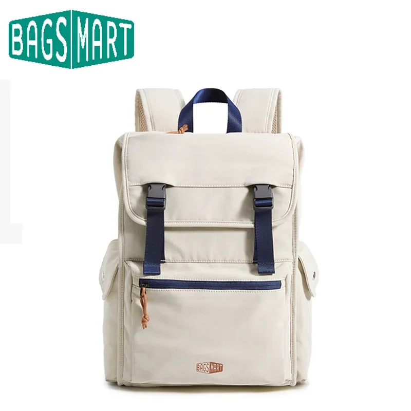Sac Dos Polyester Beige Accents Bleus Grande Ouverture Poches Élastiques Rembourré Voyage Unisexe Collège Université Ordinateur Portable
