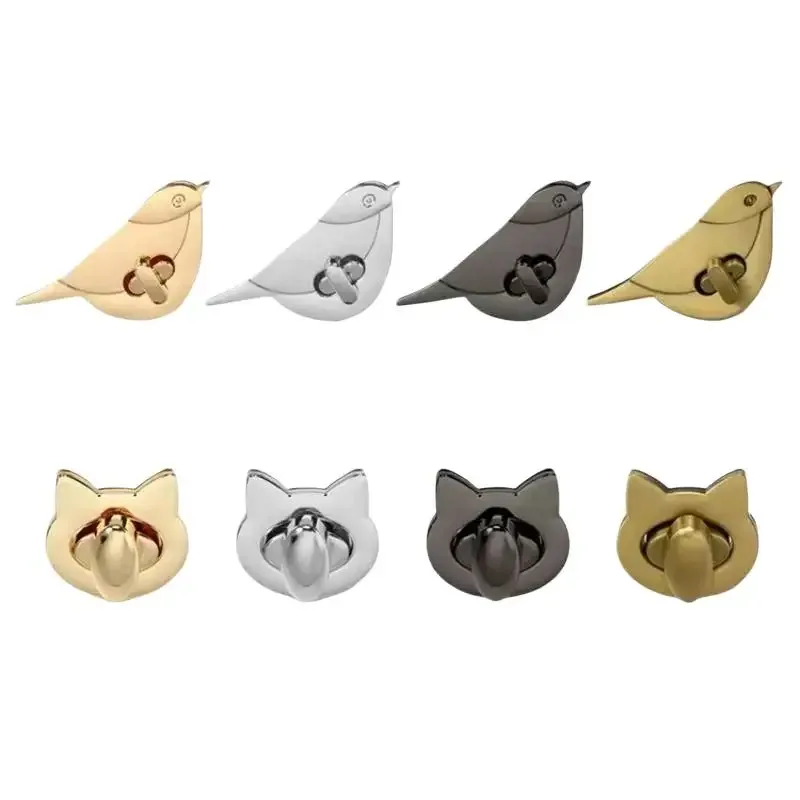 fermoir de sac en métal à verrouillage par torsion, motif chat et oiseau, accessoire de quincaillerie pour la fabrication artisanale de sacs à main en cuir et de sacs bandoulière.