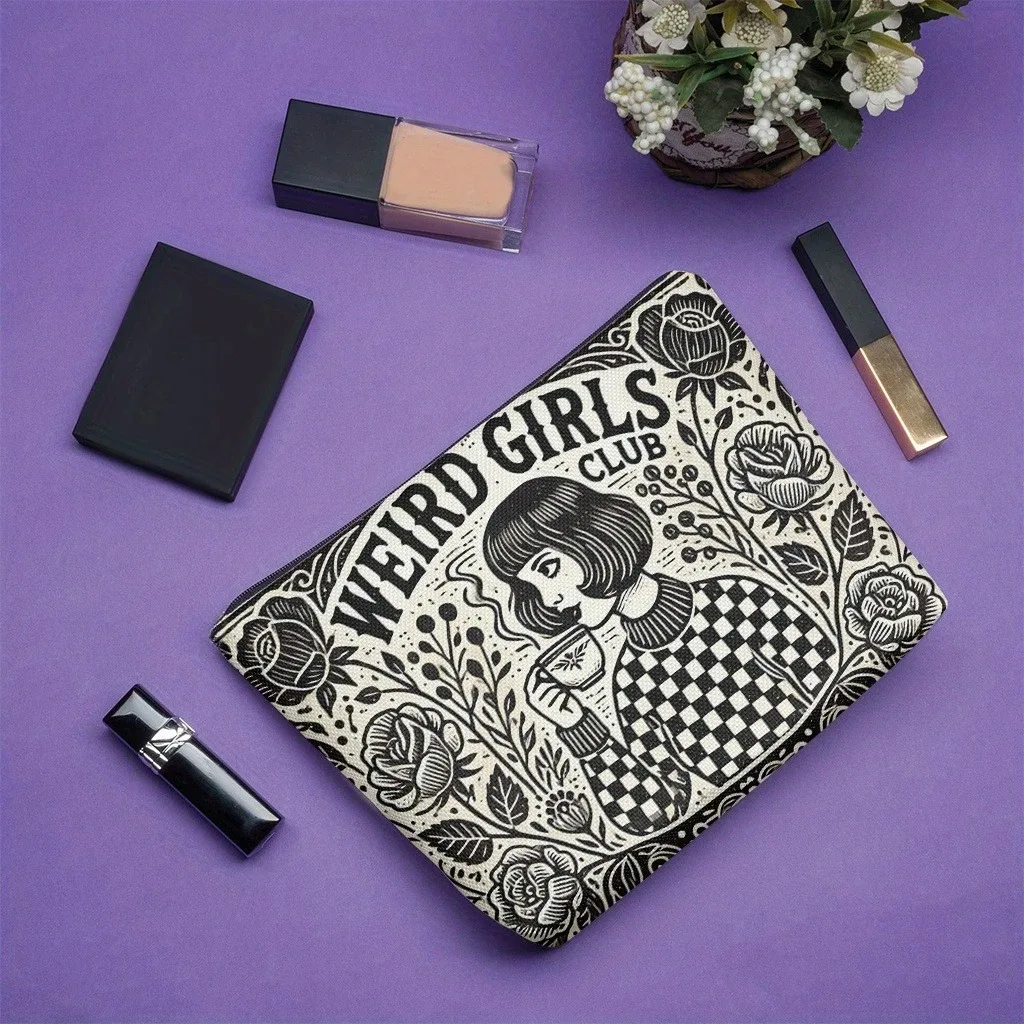 Sac de maquillage Chic Gift Weird Girls Club, pochette à cosmétiques Vintage à motif Floral et à carreaux avec fermeture éclair pour voyage, sac de rangement d'articles de toilette