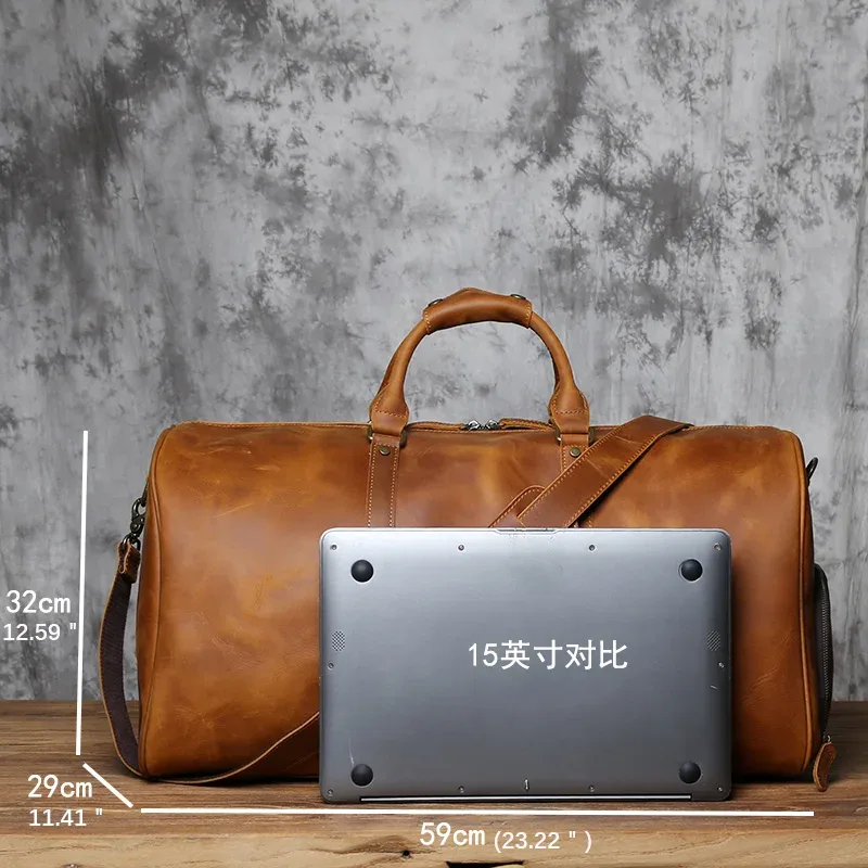 nzpj – sac à main rétro en cuir de cheval fou pour hommes, sac de voyage de grande capacité, sac à bandoulière avec couche supérieure en cuir de vache