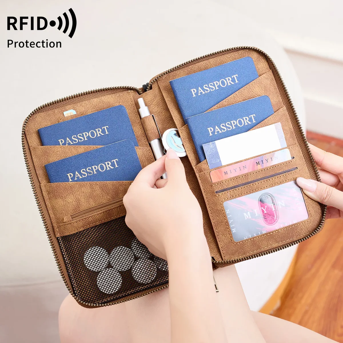 porte-passeport familial de voyage, portefeuille de rangement à fermeture éclair pour documents de grande capacité, sac à main en pu, accessoire de voyage unisexe