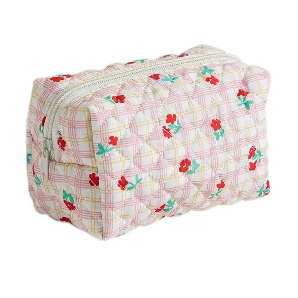 trousse de maquillage en coton matelassé, trousse de toilette portable à carreaux avec fermeture éclair, grande capacité, poudres de soin de la peau, voyage