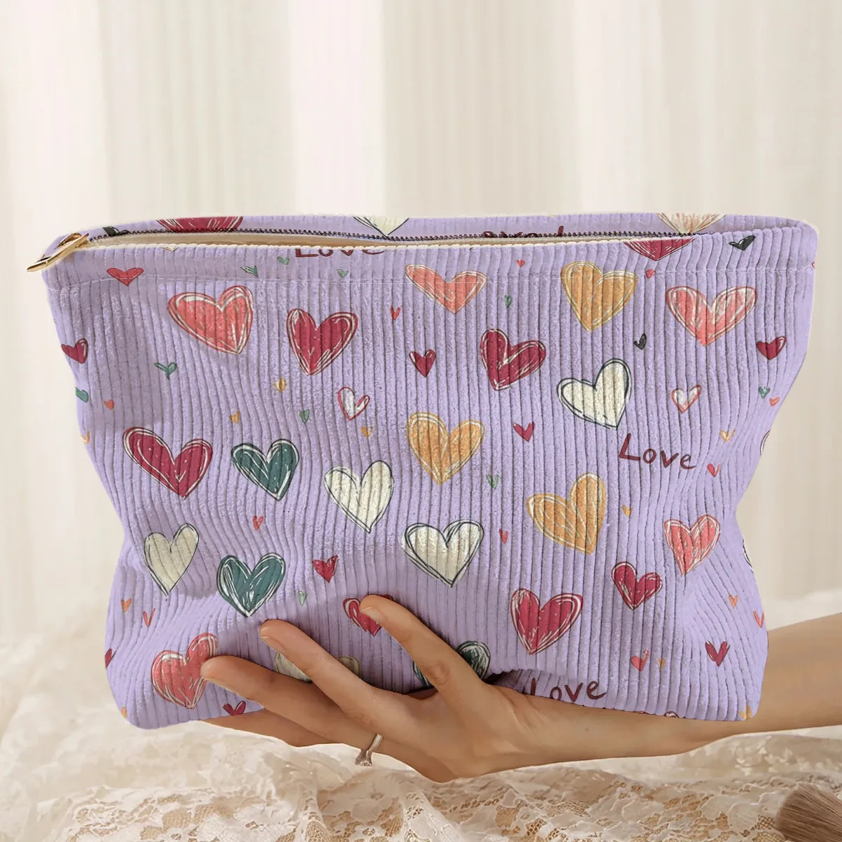 1 pièce, sac de rangement portable pour cosmétiques avec motif de cœur coloré, imprimé double face, sac de maquillage de voyage à fermeture éclair