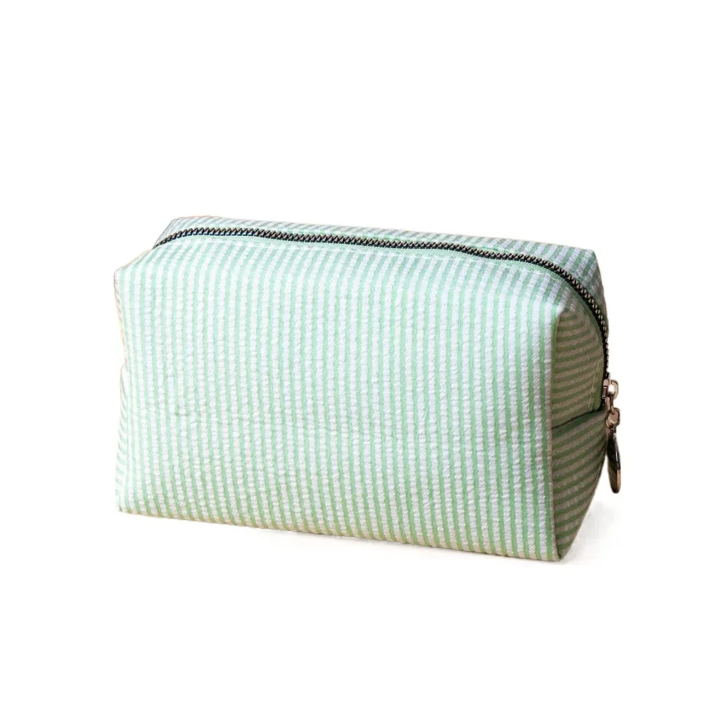 trousse de maquillage rayée en tissu seersucker doux, fermeture éclair, pochette cosmétique grande capacité, trousse à crayons multi-usages, usage quotidien