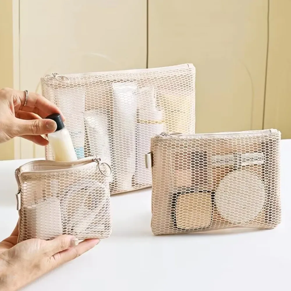 Pochette de rangement polyvalente en maille à double fermeture éclair, en polyester, multi-tailles, pochette à cosmétiques double couche, pour câbles et chargeurs