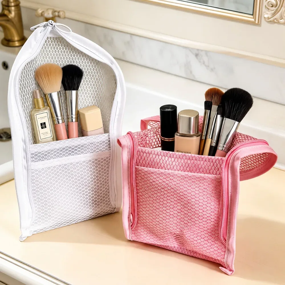 sac de maquillage de voyage pliable, organiseur de cosmétiques étanche de grande capacité avec pochette en filet et porte-brosse à dents, rangement portable