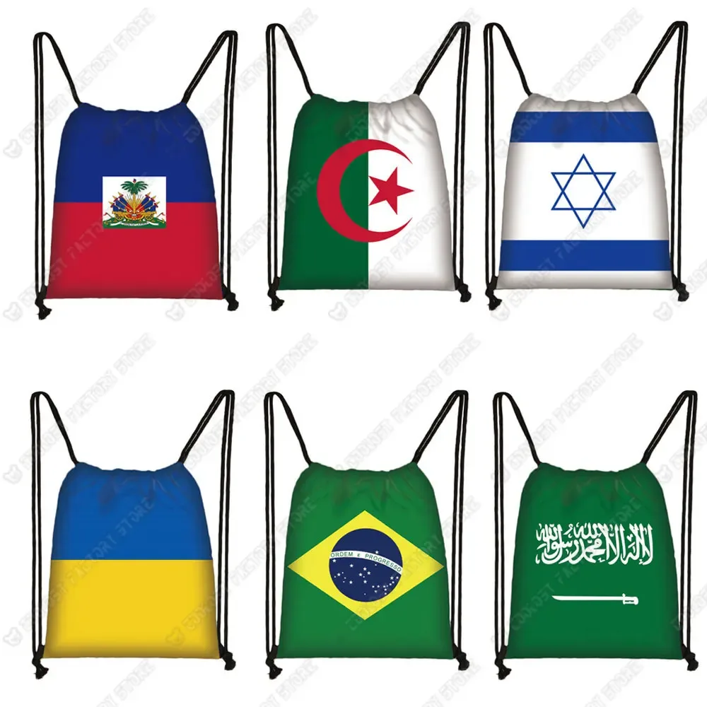 Sac à dos imprimé drapeau National Ukraine Haïti Algérie Israël Brésil Hommes Sac à cordon Femmes Sacs à bandoulière pour porte-chaussures de voyage