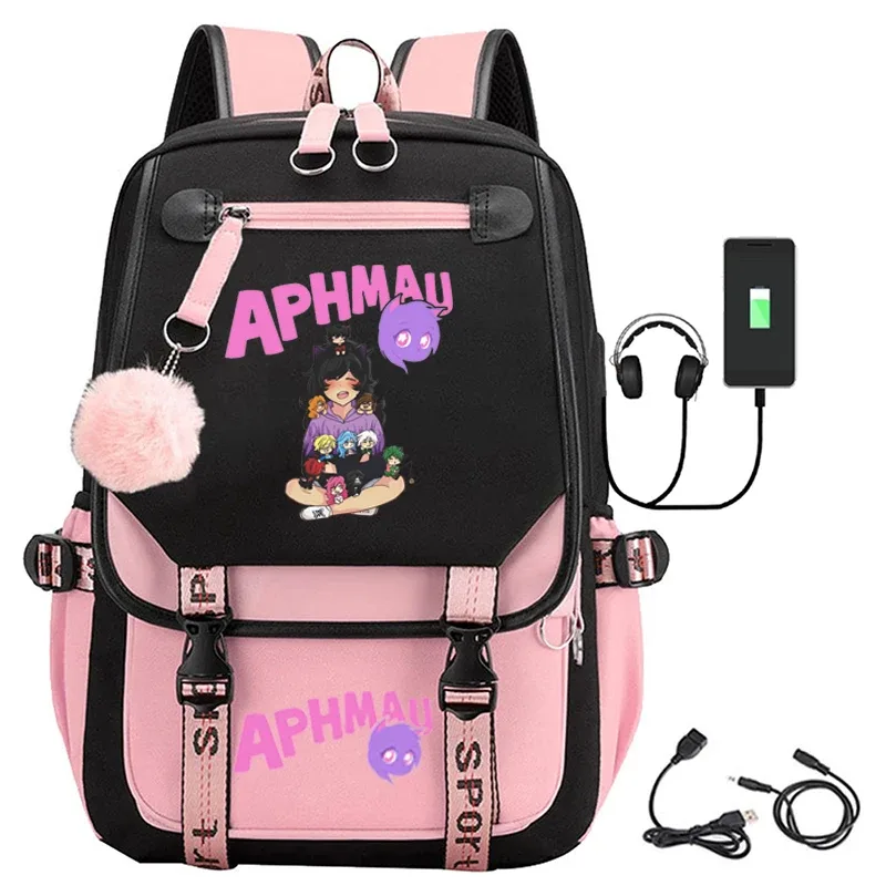 sac dos toile noire broderie fille chat bleu texte aphmau rose bandes latérales cuir sport poche rabat décontracté