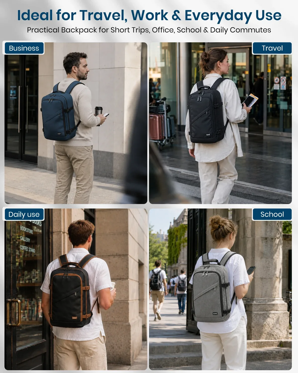 kono sac de cabine 40x20x25 cm pour sac à dos de bagage à main ryanair sous le siège, taille cabine 20l noir minimaliste