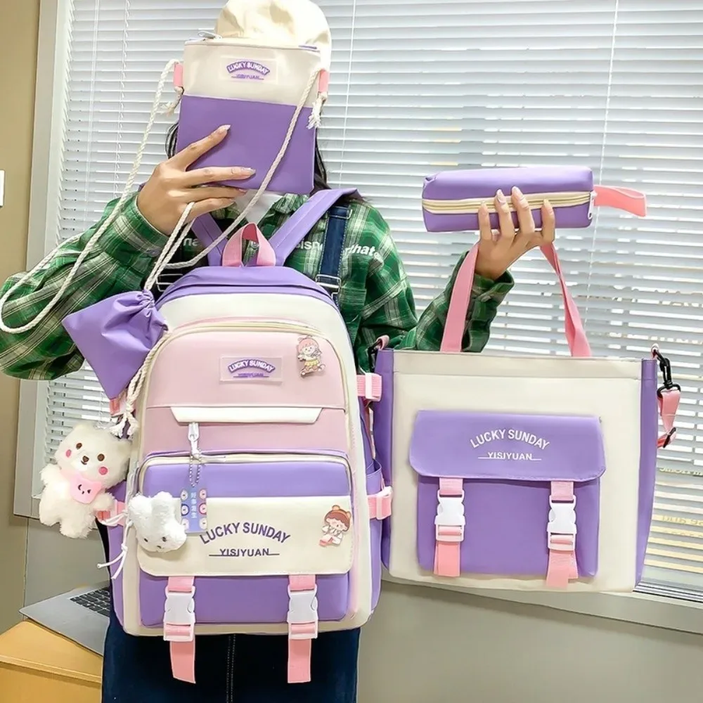 Ensemble de 5 sacs à dos mignons de grande capacité, respirants et multifonctionnels, pour étudiants, avec boucle, sac bandoulière, pour l'université