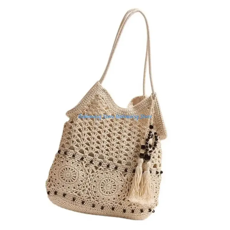sac voyage polyester coton tricoté beige motifs floraux perles noires bandoulière femme plage activités plein air polyvalent