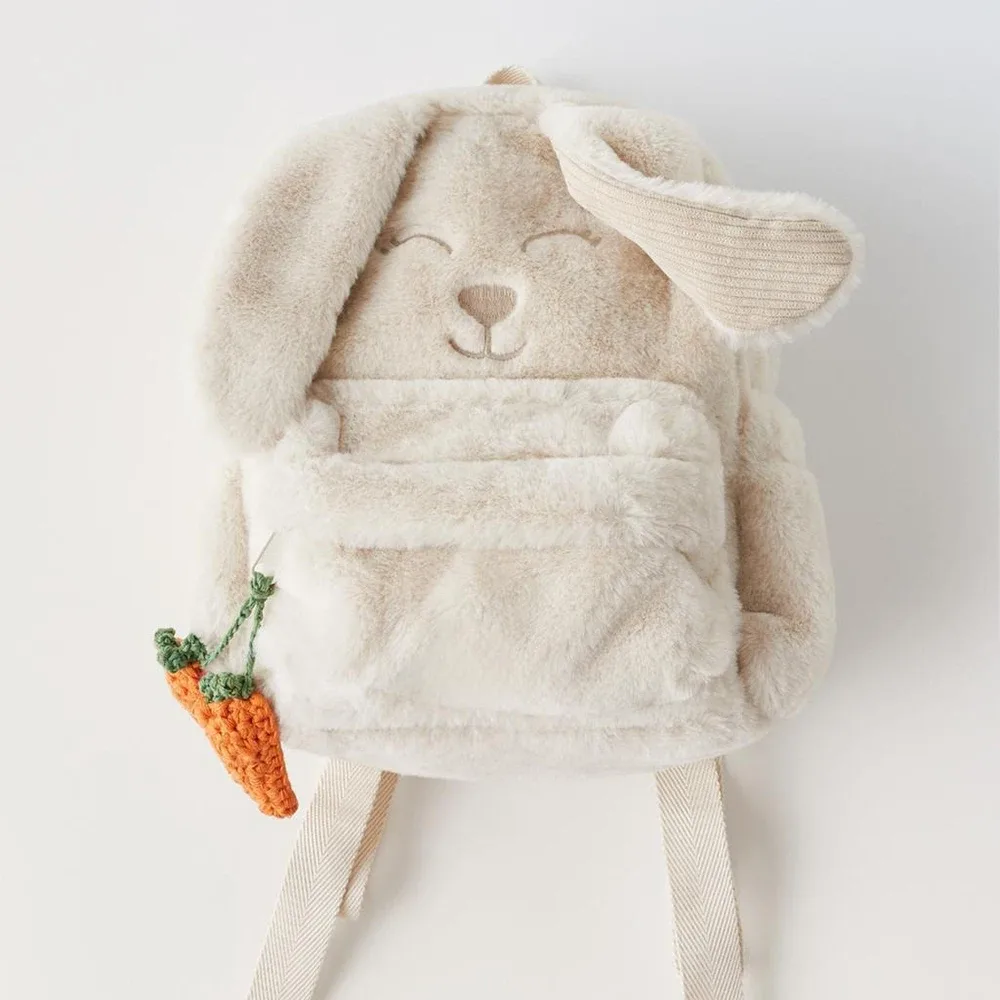 sac à dos en peluche beige personnalisé pour femme et enfant, carotte mignonne, lapin face ear, sac cadeau brodé avec nom