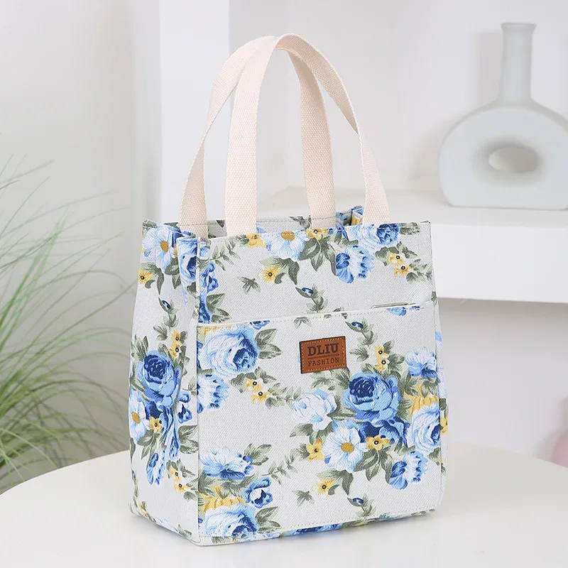 nouveau sac à main en toile imprimé de fleurs, sac de travail portable multi-poches avec fermeture éclair semi-fermée, sac de rangement quotidien, sac à bento.