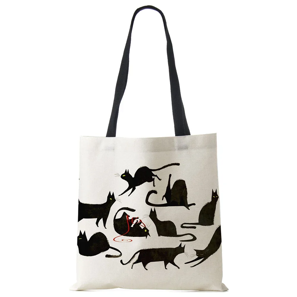 sacs fourre-tout de styliste pour femmes, sac à main écologique en tissu de lin imprimé chat noir sumi, sac à bandoulière réutilisable pour le bureau et le shopping