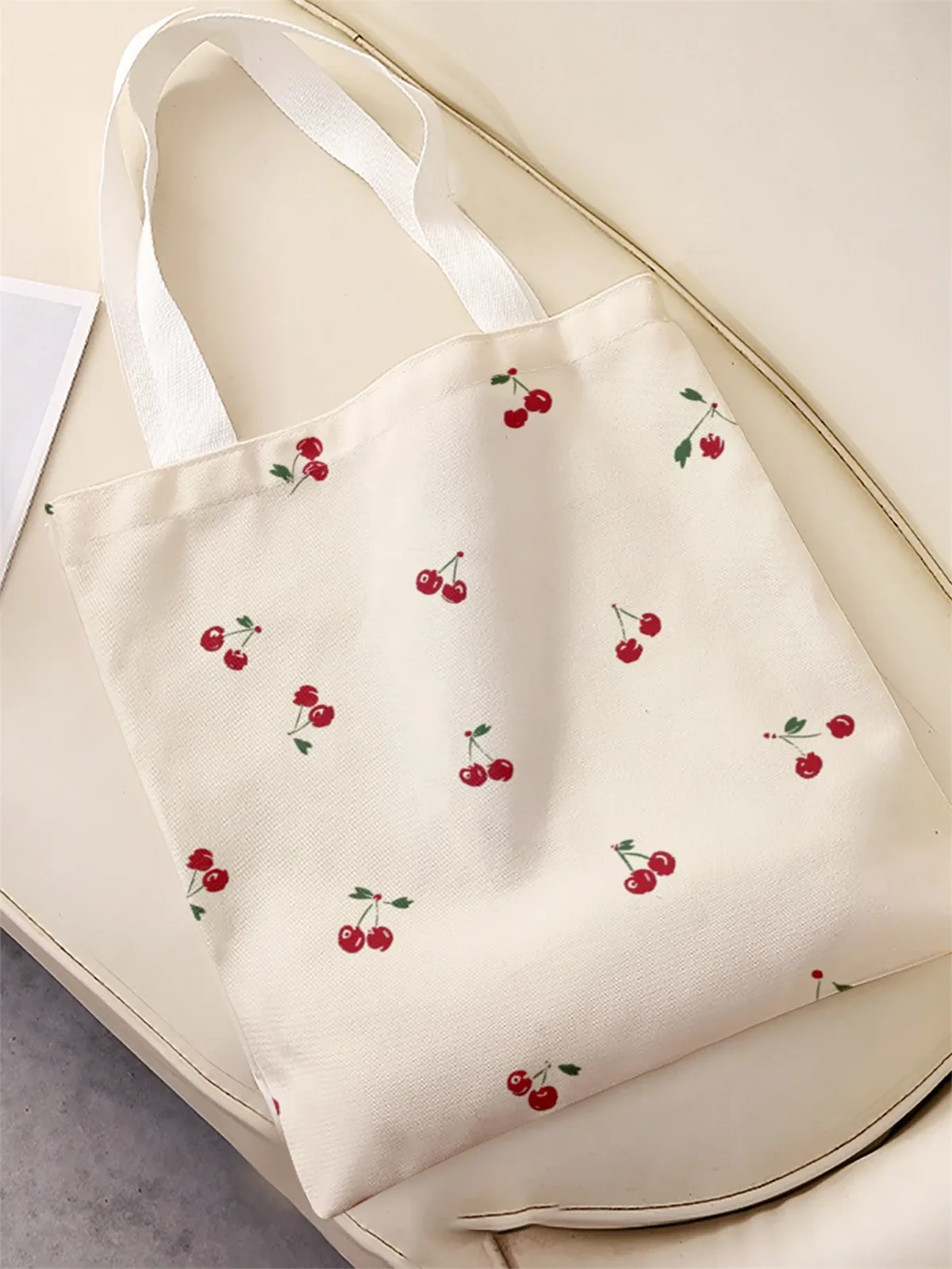 sac à main décontracté imprimé motif cerises, sac à dos réutilisable et tendance, sac à main multifonctionnel, sac de shopping en toile