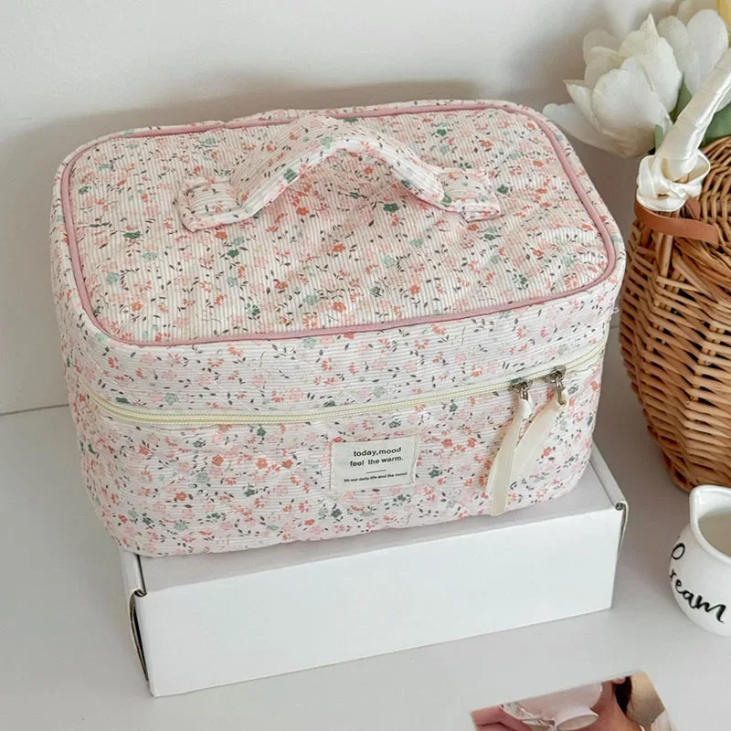 sac à cosmétiques vintage en velours côtelé pour femmes, sacs de rangement de voyage rétro pour dames, sacs à main portables, trousse de maquillage, pochette
