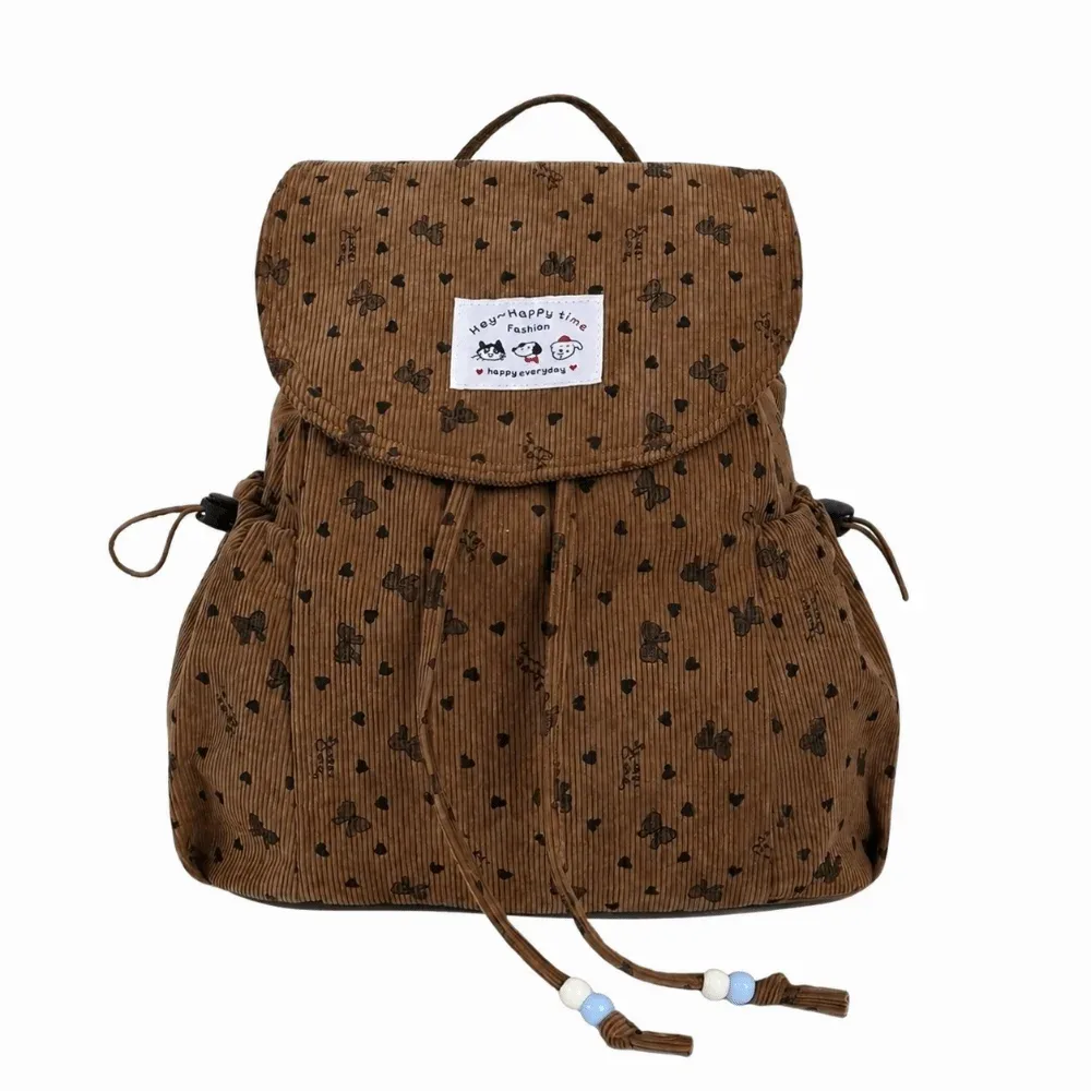 sac à dos léger en velours côtelé à imprimé nœud papillon, grande capacité, design simple, sac à dos à cordon, polyvalent, décontracté, pour les trajets quotidiens