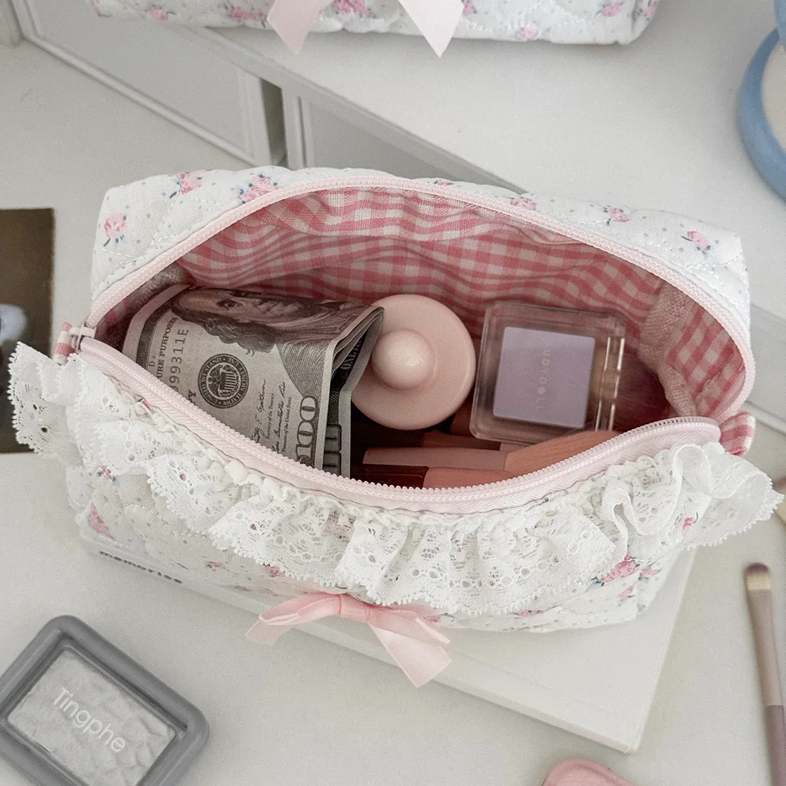 petite trousse de maquillage en dentelle à fleurs roses pour femmes, organisateur de voyage, pièces de monnaie cosmétiques, pochette pour filles, mignon nœud carré, sacs portefeuille à fermeture éclair