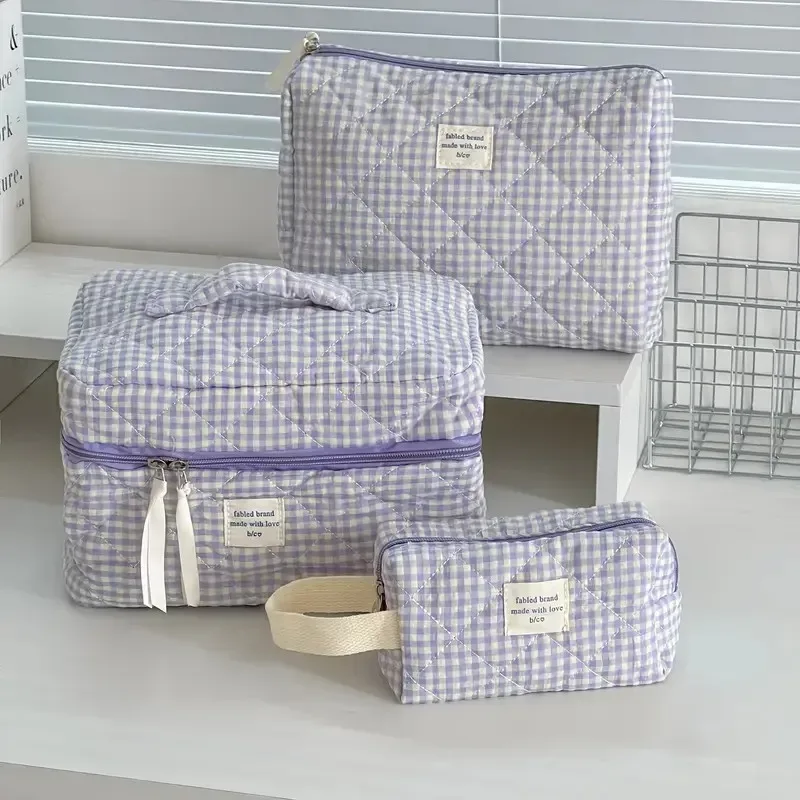 sac à cosmétiques à carreaux de grande capacité pour femmes, sac de rangement pour brosses de soins de la peau en coton pour filles, trousse de toilette de voyage portable, trousse de maquillage