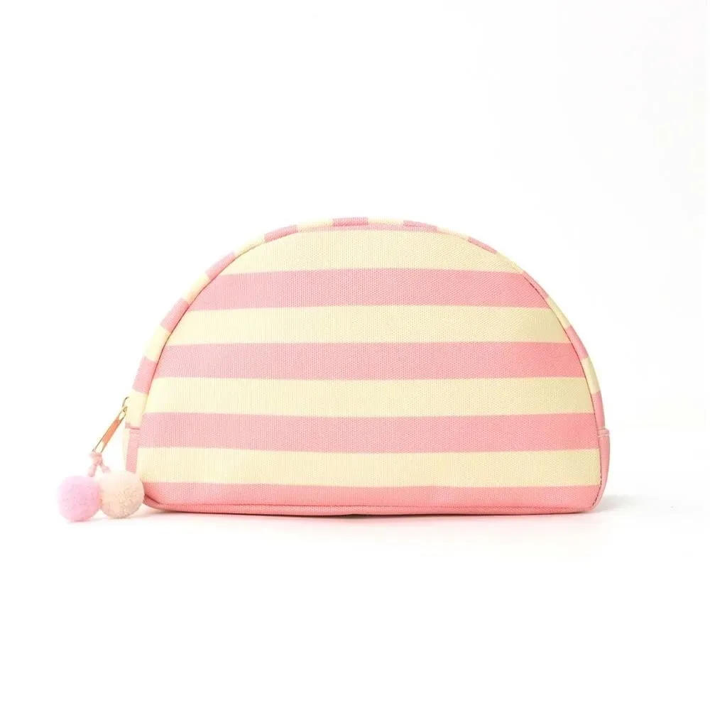 pochette cosmétique rayée durable, légère et portable, forme coquille, couleurs contrastées, pompon, rangement polyvalent