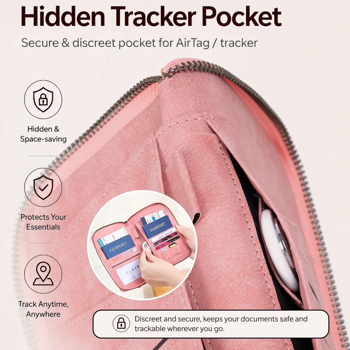porte-passeport multifonctionnel antivol rfid pour femme, sac de rangement portable à fermeture éclair, porte-passeport avec poche cachée pour airtag
